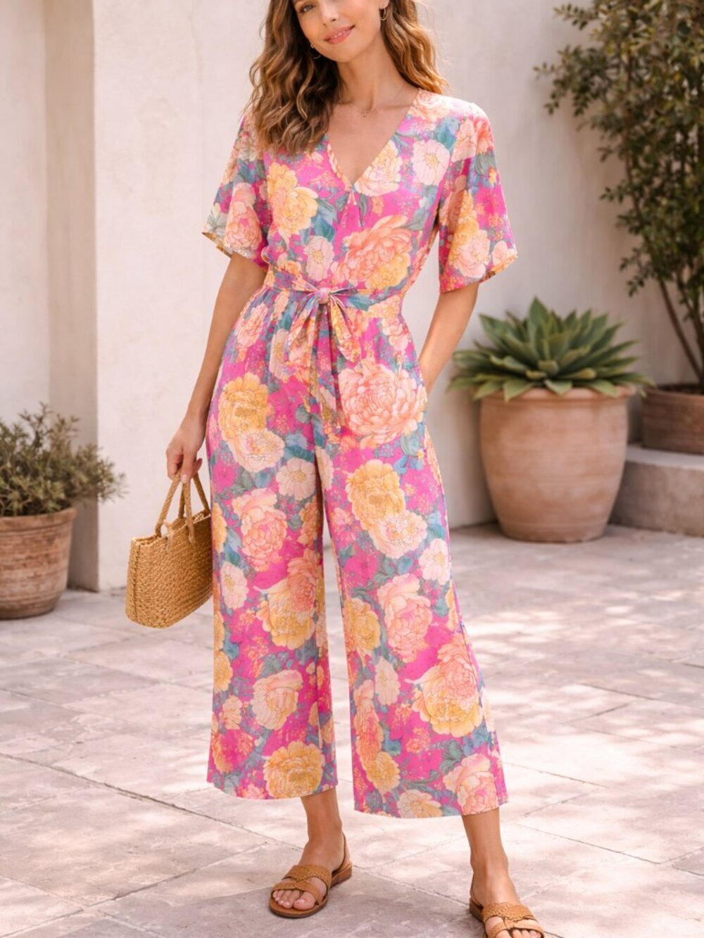 FARM RIO FOR ANTHROPOLOGIE Eulalie Wide-Leg Jumpsuit Pink Size Small